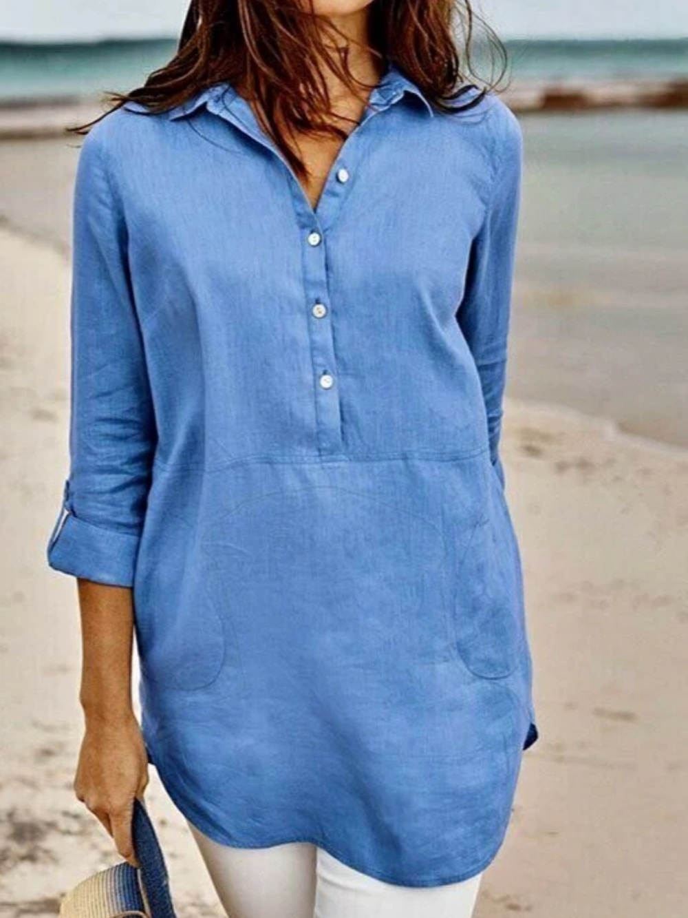 J. Jill Love Linen Blue Half Button Tunic With Side Pockets Size M